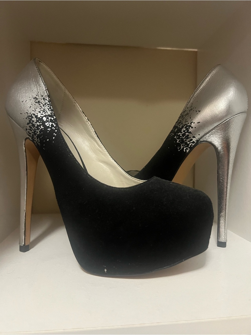Aldo Black Suede Platform Pumps with Silver Metallic Heels